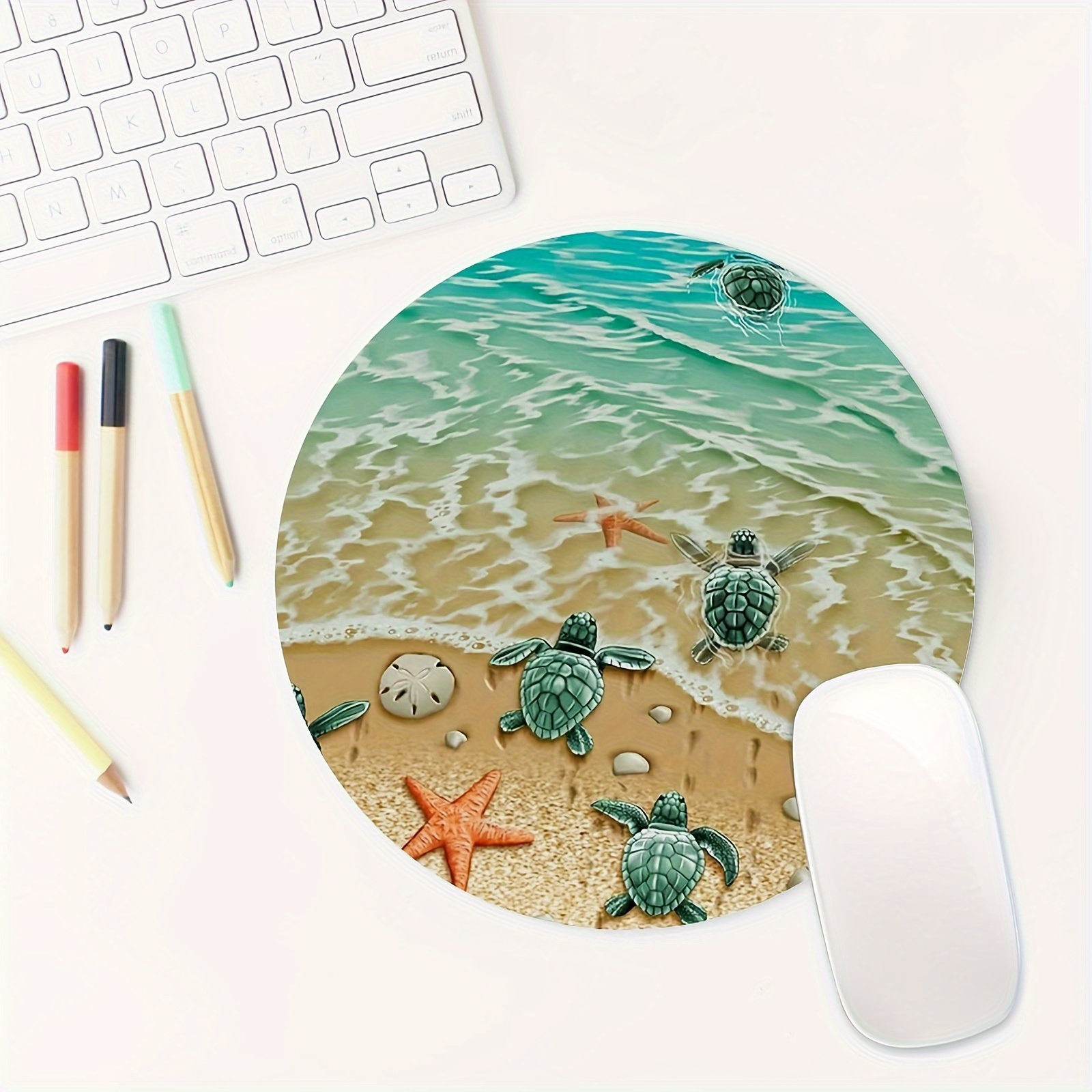 Tech Table Accessories - Sevimli Kaplumbağa Denizyıldızı Yuvarlak Mouse Pad
